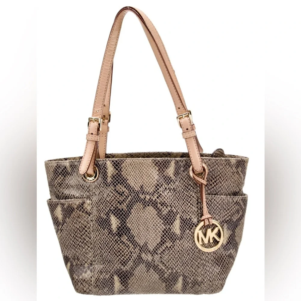 Michael Kors Jet Set Python Embossed Leather Gold Metallic Lined Shoulder Bag